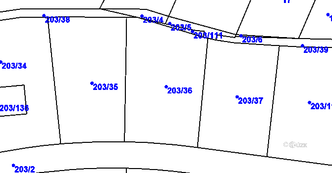 Parcela st. 203/36 v KÚ Hory u Jenišova, Katastrální mapa