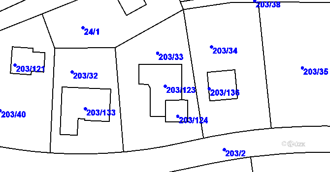 Parcela st. 203/123 v KÚ Hory u Jenišova, Katastrální mapa
