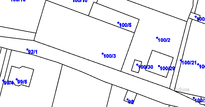 Parcela st. 100/3 v KÚ Hory u Jenišova, Katastrální mapa