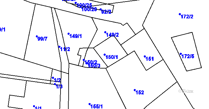 Parcela st. 150/1 v KÚ Hory u Jenišova, Katastrální mapa