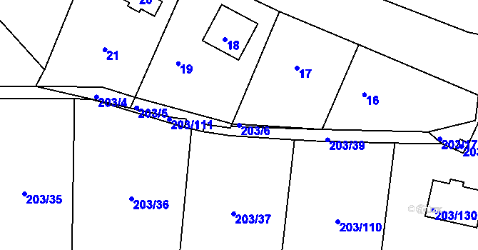Parcela st. 203/6 v KÚ Hory u Jenišova, Katastrální mapa