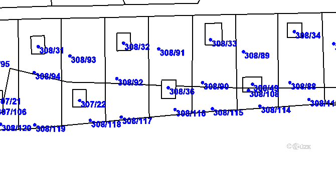 Parcela st. 308/36 v KÚ Jenišov, Katastrální mapa