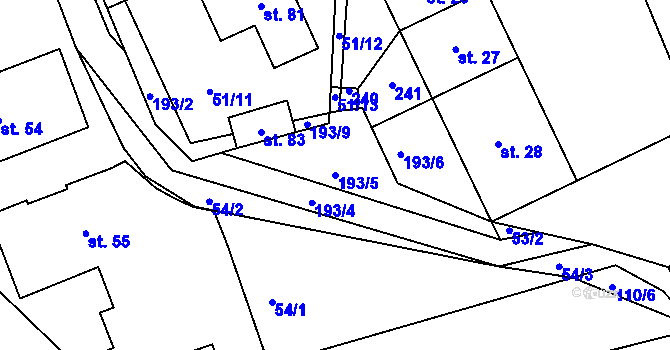 Parcela st. 193/5 v KÚ Dehtáry, Katastrální mapa