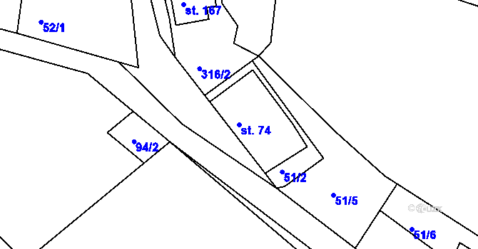 Parcela st. 74 v KÚ Jenštejn, Katastrální mapa
