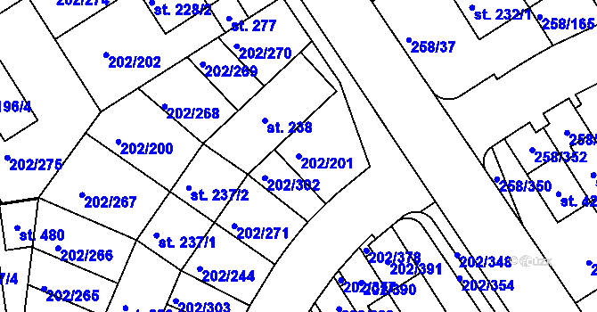 Parcela st. 202/201 v KÚ Jenštejn, Katastrální mapa