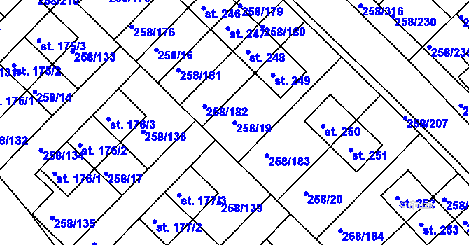 Parcela st. 258/19 v KÚ Jenštejn, Katastrální mapa