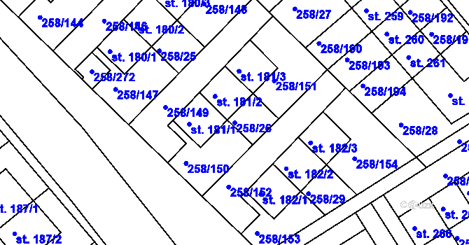 Parcela st. 258/26 v KÚ Jenštejn, Katastrální mapa