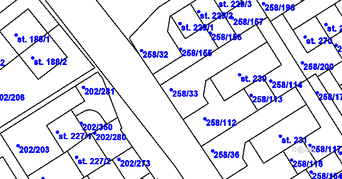 Parcela st. 258/33 v KÚ Jenštejn, Katastrální mapa
