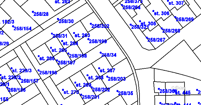 Parcela st. 258/34 v KÚ Jenštejn, Katastrální mapa