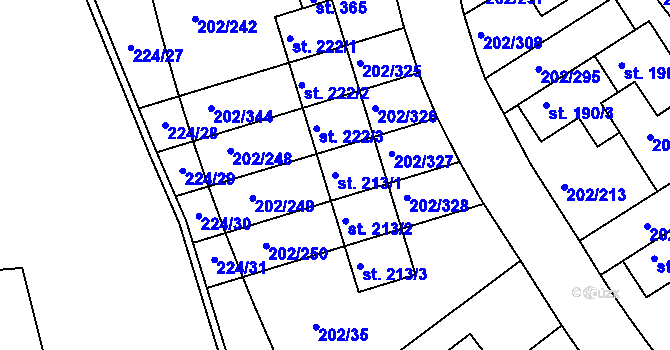 Parcela st. 213/1 v KÚ Jenštejn, Katastrální mapa