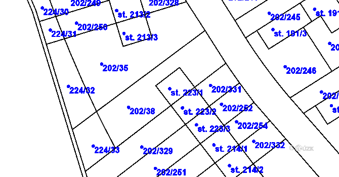Parcela st. 223/1 v KÚ Jenštejn, Katastrální mapa