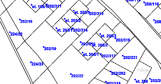 Parcela st. 202/315 v KÚ Jenštejn, Katastrální mapa
