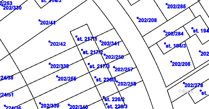Parcela st. 202/256 v KÚ Jenštejn, Katastrální mapa