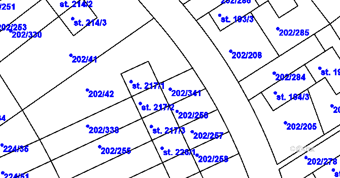 Parcela st. 202/341 v KÚ Jenštejn, Katastrální mapa