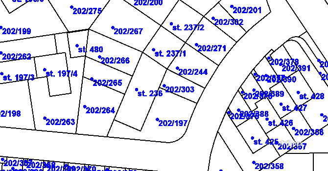 Parcela st. 202/303 v KÚ Jenštejn, Katastrální mapa