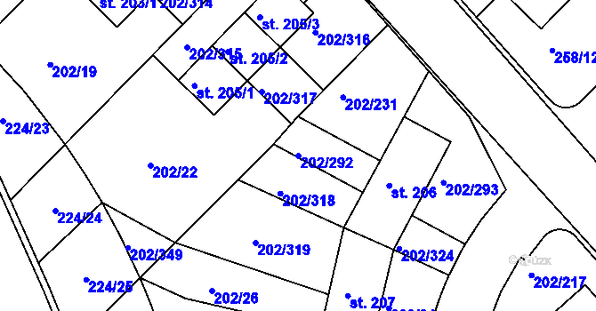 Parcela st. 202/292 v KÚ Jenštejn, Katastrální mapa