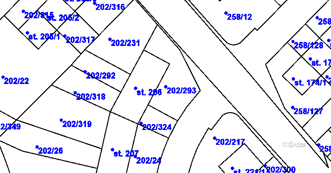Parcela st. 202/293 v KÚ Jenštejn, Katastrální mapa
