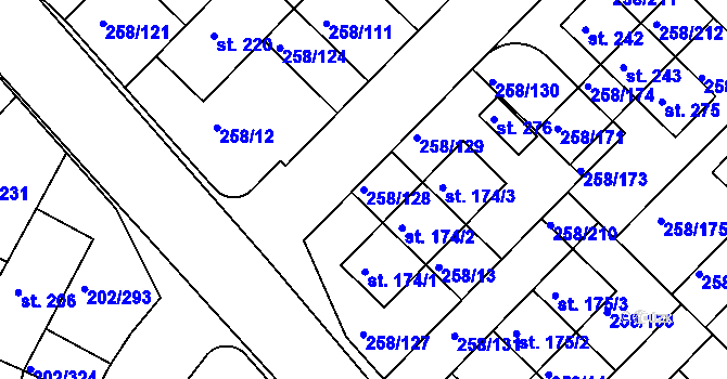 Parcela st. 258/128 v KÚ Jenštejn, Katastrální mapa
