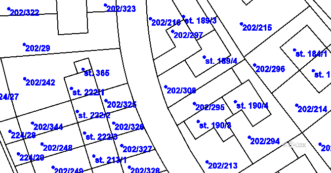 Parcela st. 202/308 v KÚ Jenštejn, Katastrální mapa