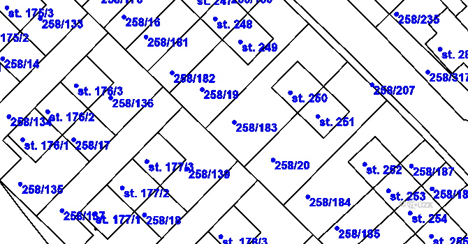Parcela st. 258/183 v KÚ Jenštejn, Katastrální mapa