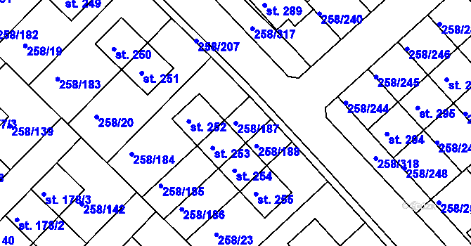 Parcela st. 258/187 v KÚ Jenštejn, Katastrální mapa