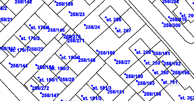 Parcela st. 258/189 v KÚ Jenštejn, Katastrální mapa