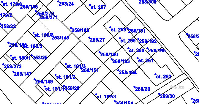 Parcela st. 258/190 v KÚ Jenštejn, Katastrální mapa