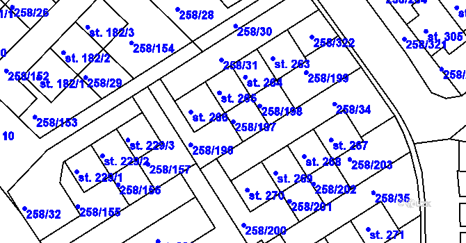 Parcela st. 258/197 v KÚ Jenštejn, Katastrální mapa