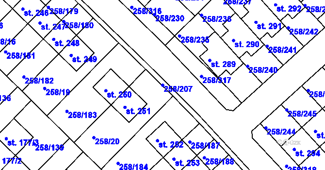 Parcela st. 258/207 v KÚ Jenštejn, Katastrální mapa