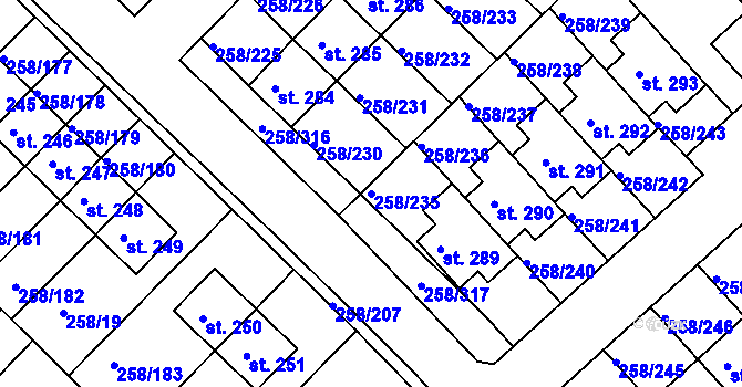Parcela st. 258/235 v KÚ Jenštejn, Katastrální mapa