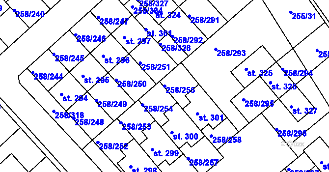 Parcela st. 258/255 v KÚ Jenštejn, Katastrální mapa