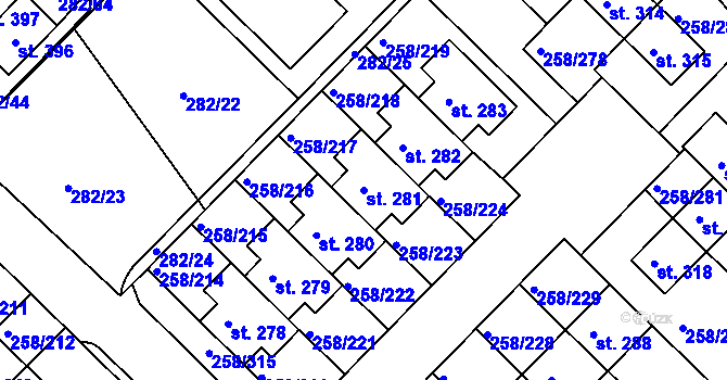 Parcela st. 281 v KÚ Jenštejn, Katastrální mapa