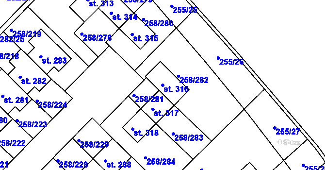 Parcela st. 316 v KÚ Jenštejn, Katastrální mapa