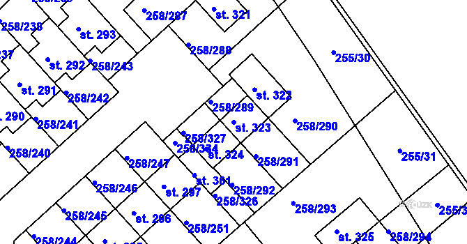 Parcela st. 323 v KÚ Jenštejn, Katastrální mapa
