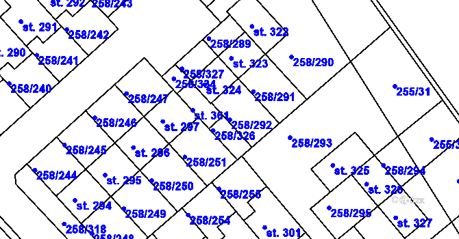 Parcela st. 258/292 v KÚ Jenštejn, Katastrální mapa
