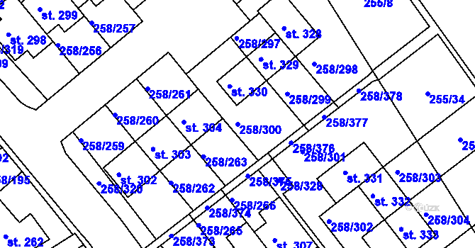 Parcela st. 258/300 v KÚ Jenštejn, Katastrální mapa