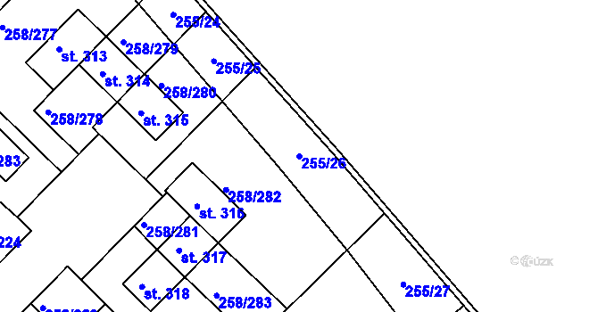 Parcela st. 255/26 v KÚ Jenštejn, Katastrální mapa