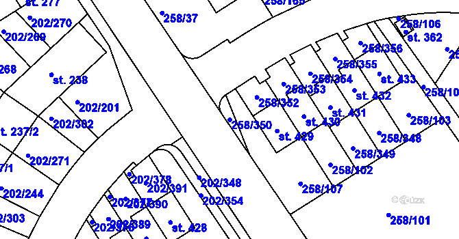 Parcela st. 258/350 v KÚ Jenštejn, Katastrální mapa