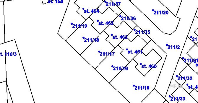Parcela st. 211/17 v KÚ Jenštejn, Katastrální mapa
