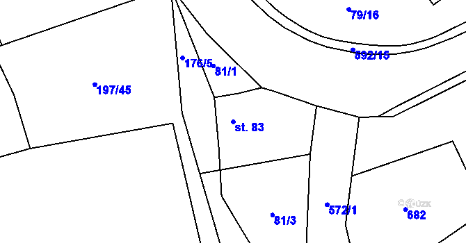 Parcela st. 83 v KÚ Jeřice, Katastrální mapa