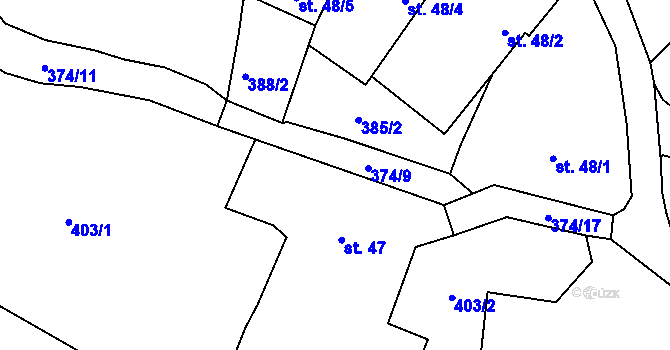 Parcela st. 374/9 v KÚ Jeřičky, Katastrální mapa