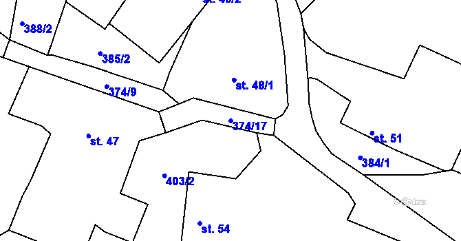 Parcela st. 374/17 v KÚ Jeřičky, Katastrální mapa
