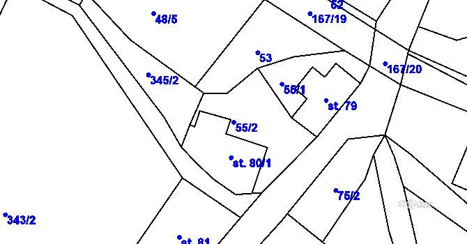 Parcela st. 55/2 v KÚ Jesenec, Katastrální mapa