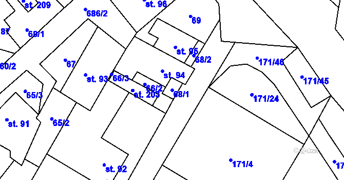 Parcela st. 68/1 v KÚ Jesenec, Katastrální mapa