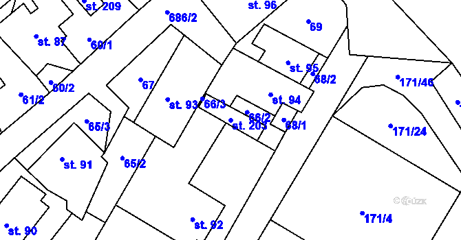 Parcela st. 203 v KÚ Jesenec, Katastrální mapa