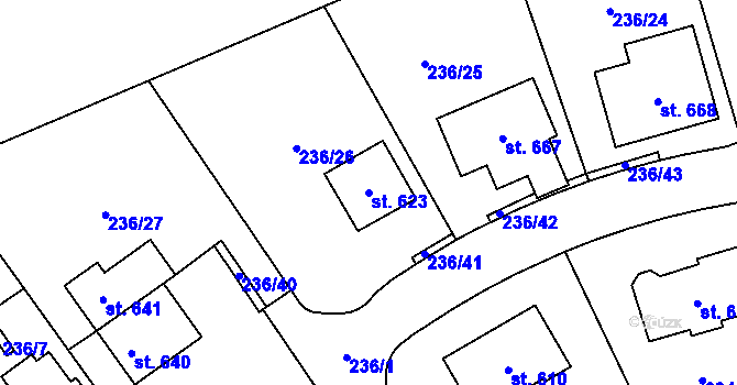 Parcela st. 623 v KÚ Horní Jirčany, Katastrální mapa