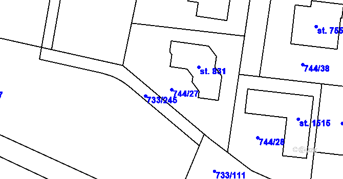 Parcela st. 744/27 v KÚ Jesenice u Prahy, Katastrální mapa