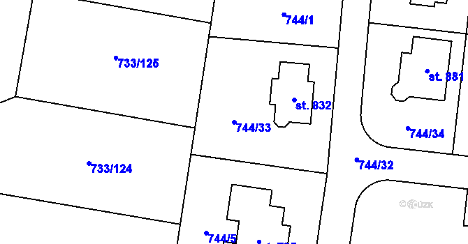Parcela st. 744/33 v KÚ Jesenice u Prahy, Katastrální mapa