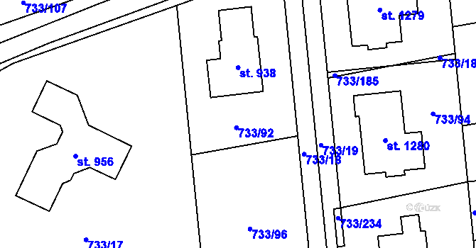 Parcela st. 733/92 v KÚ Jesenice u Prahy, Katastrální mapa
