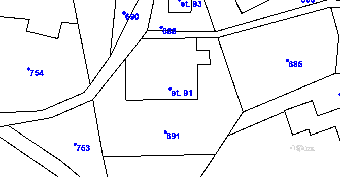 Parcela st. 91 v KÚ Jesenný, Katastrální mapa